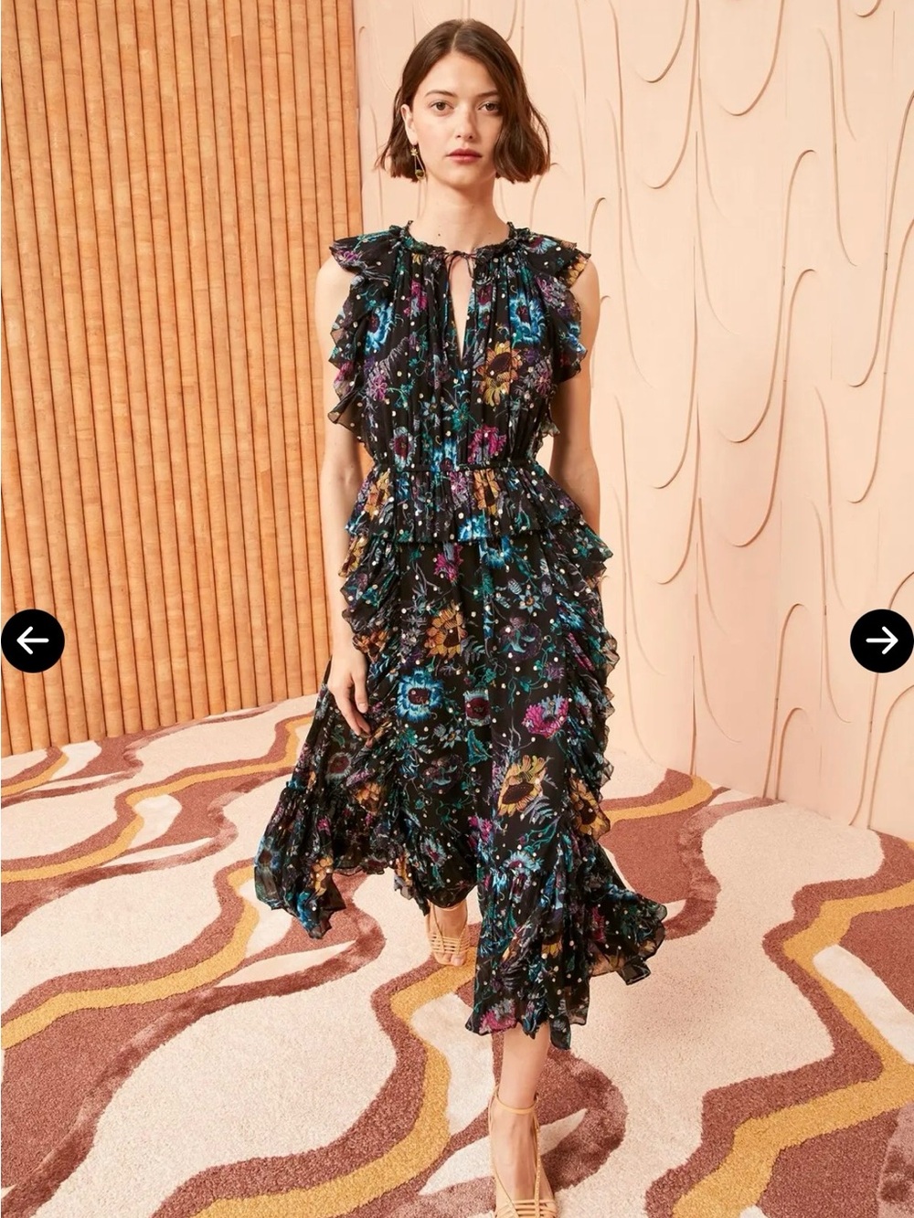 Ulla Johnson Adrienne Black Floral Ruffle Midi Dress with Teal & Pink Accents
